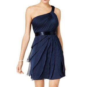 Adrianna Papell One Shoulder Chiffon Tiered Navy Blue Short Dress